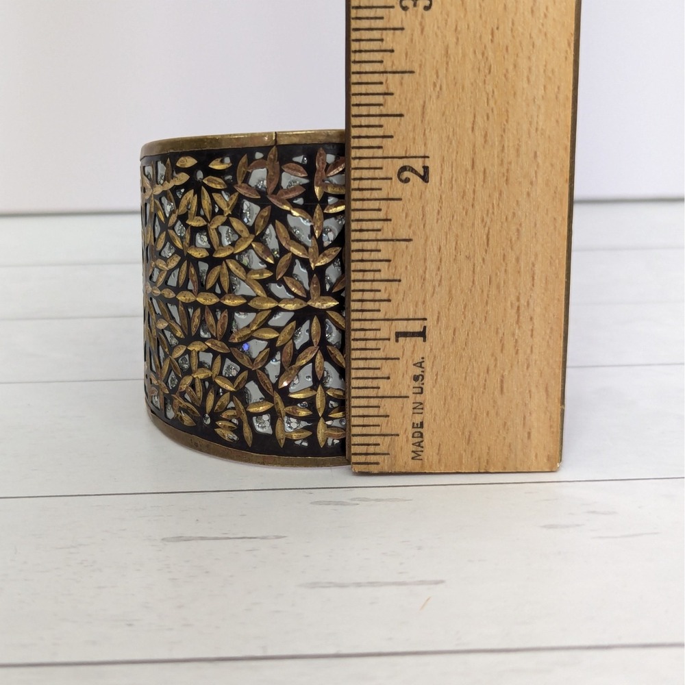 Brass Inlay Cuff Bracelet Metallic Silver Tone Etched Cutout Detail Boho India - Picture 12 of 13